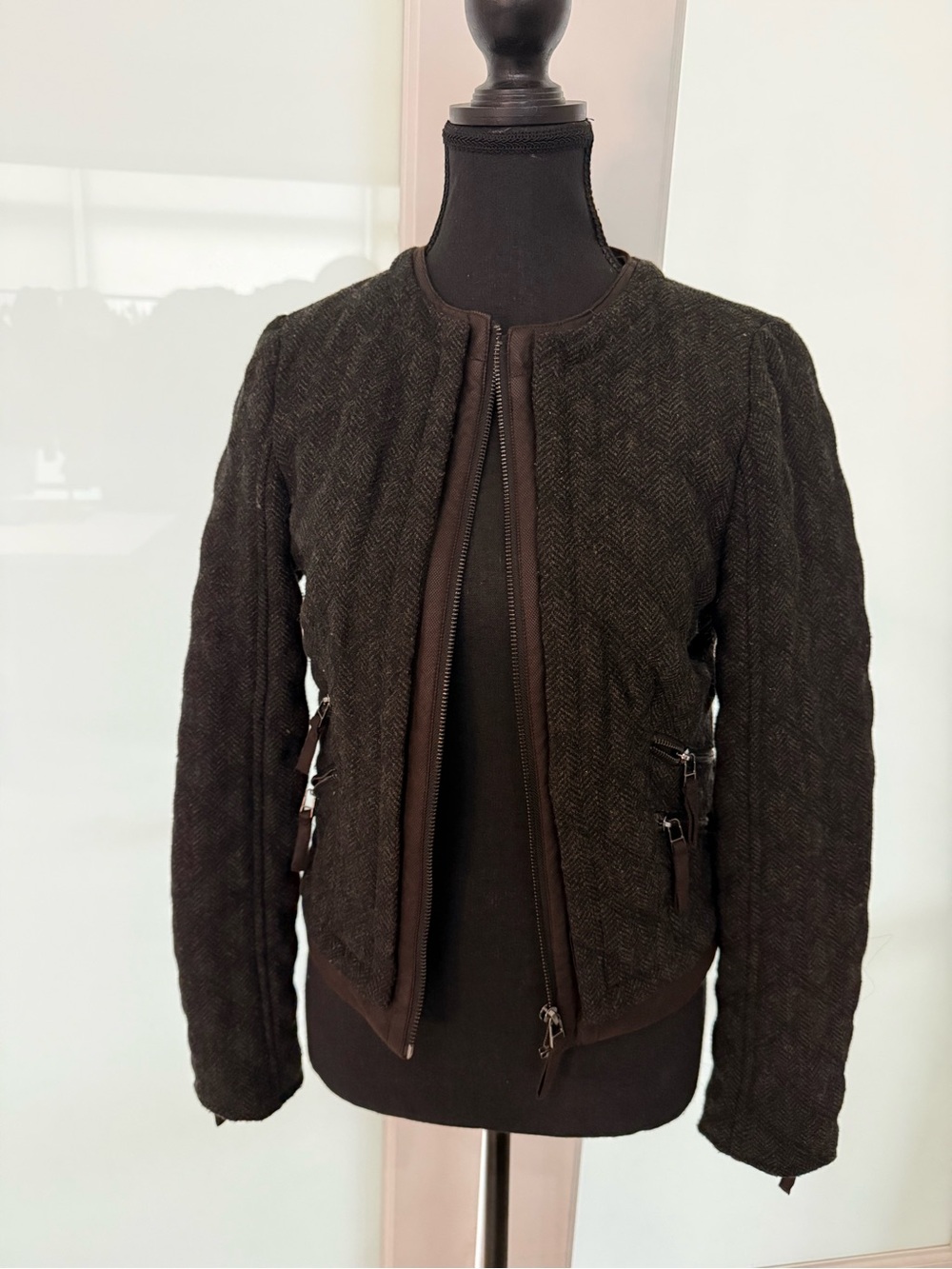 Zara Dark Brown Quilted Herringbone Bomber Jacket